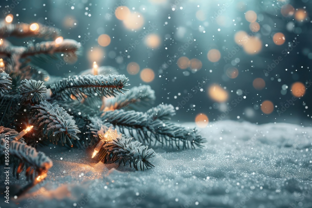 Beautiful winter background image with frosted spruce branches, small snow drifts, and bokeh Christmas lights Ample space for text makes it perfect for holiday greetings and ads