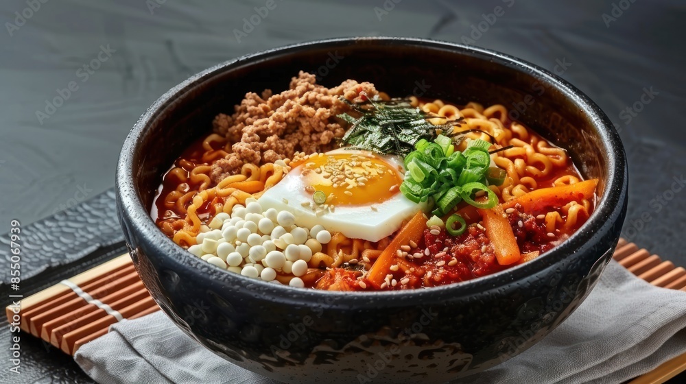 Korean style instant noodle, Shin Ramyeon with minced meat, kimchi, tofu cheese Korean style instant noodle, Shin Ramyeon with minced meat, kimchi, tofu cheese