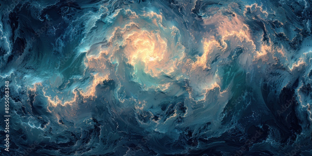 Abstract acrylic artwork with swirling clouds in shades of blue and gold Abstract acrylic artwork with swirling clouds in shades of blue and gold