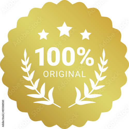 100 percent quality product label sign. Round premium product guarantee golden logo with stars, laurel crown. Vector gold wavy badge, rubber seal stamp symbol for sticker, certificate design.