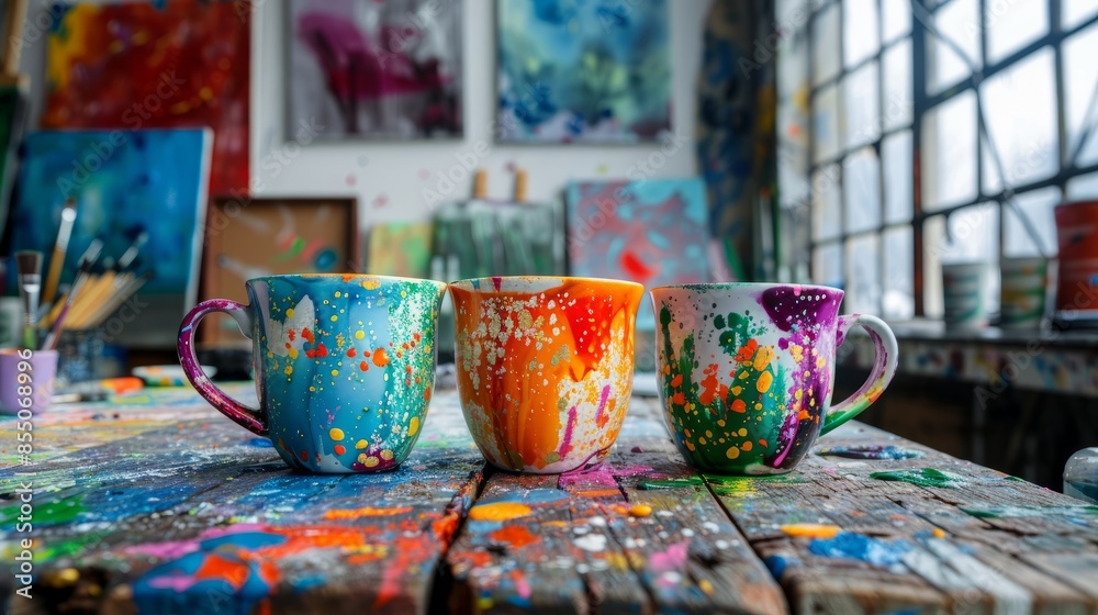 Colorful Mugs on a Paint-Splattered Table. Colorful Mugs on a Paint-Splattered Table.