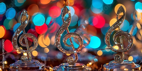 Glistening Musical Notes Amidst Vibrant Bokeh Lights in a Colorful Festive Atmosphere photo
