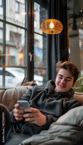 Entspanntes Smartphone-Nutzung: Junger Mann einem Sitzsack photo