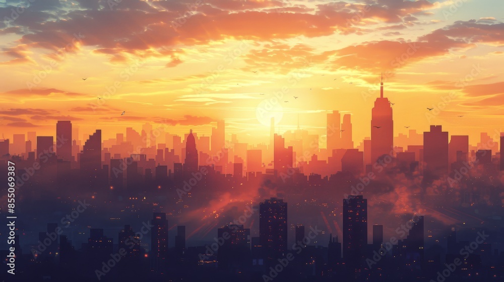 Fototapeta premium A dramatic skyline of a capital city at dawn, with towering skyscrapers silhouetted against the morning sky