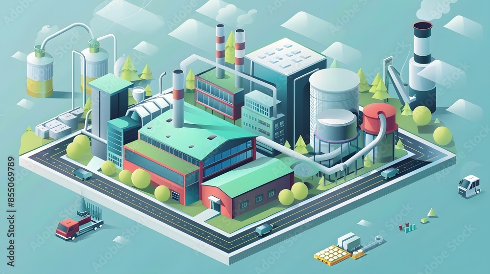 Fototapeta premium A cityscape with a factory and a lot of cars. Scene is industrial and urban