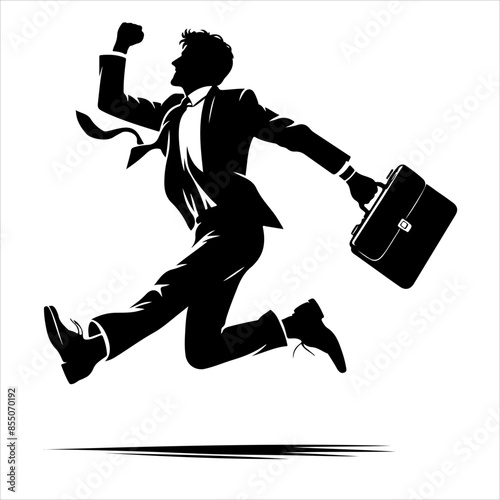 Businessmen running, jumping for success in formal suits, with briefcases, and front, and side views. Businessmen jumping and falling in the air, Monochrome black vector illustrations