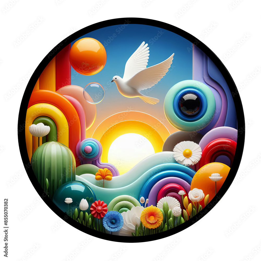 A circular abstract wall art illustration with a tropical theme, vibrant-colored geometric shapes, isolated on a transparent background A circular abstract wall art illustration with a tropical theme, vibrant-colored geometric shapes, isolated on a transparent background