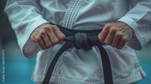 A man in a white karate uniform is holding a black belt