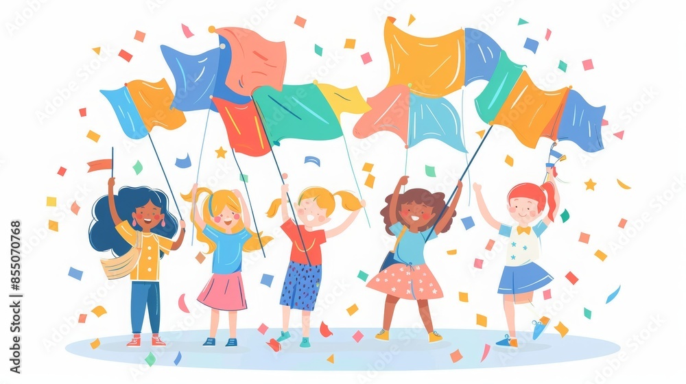Joyful group of diverse girls waving colorful flags and celebrating with confetti. Bright and cheerful illustration depicting unity and happiness. Joyful group of diverse girls waving colorful flags and celebrating with confetti. Bright and cheerful illustration depicting unity and happiness.