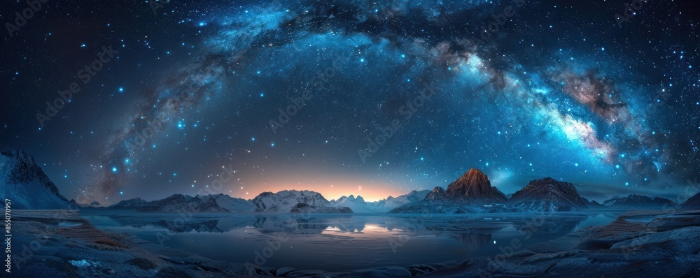 A starry night sky over a snowy, mountainous landscape. A starry night sky over a snowy, mountainous landscape.