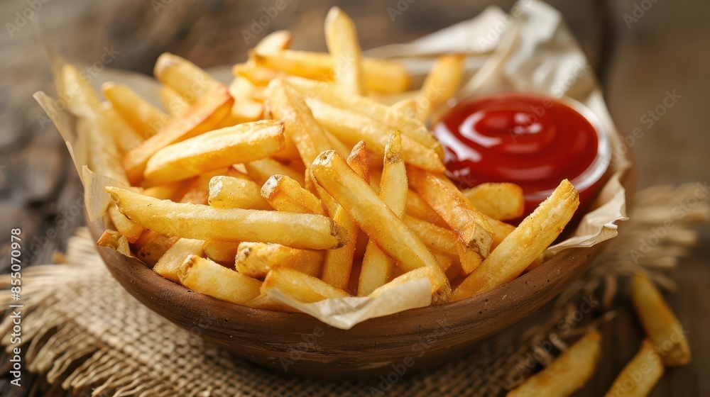 crispy golden french fries served with ketchup in a rustic bowl crispy golden french fries served with ketchup in a rustic bowl