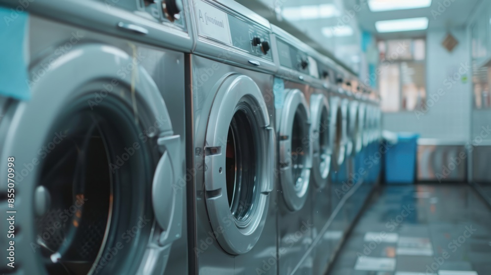 Modern washing machines with dirty clothes in laundry room Modern washing machines with dirty clothes in laundry room