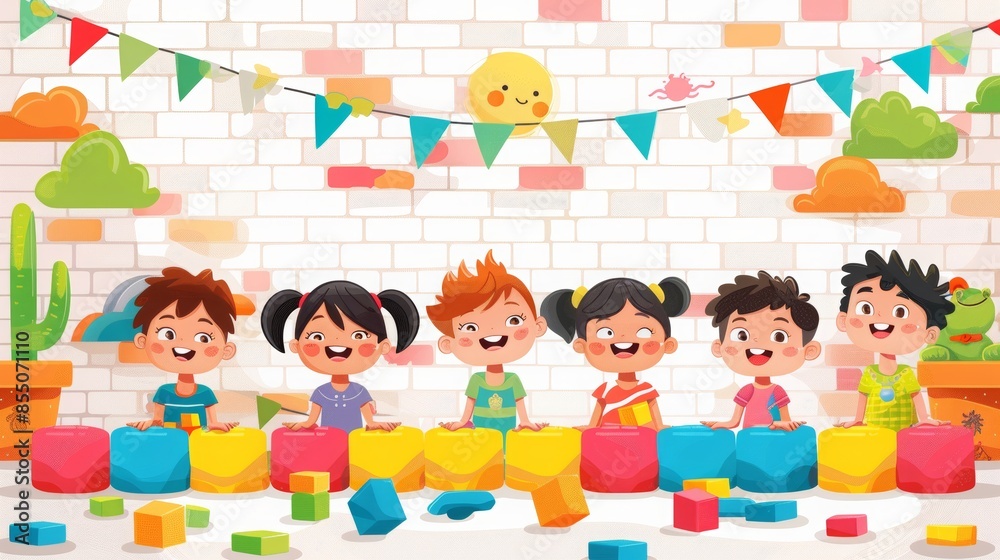 Illustration of happy, diverse children smiling and building with colorful blocks against a festive background with decorations and playful elements. Illustration of happy, diverse children smiling and building with colorful blocks against a festive background with decorations and playful elements.