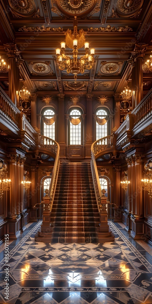 Obraz premium ornate hallway with marble floor and grand staircase