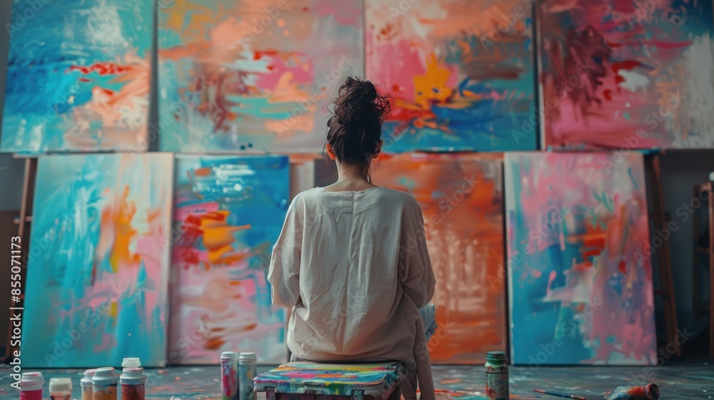 An artist sits amidst a colorful art studio, surrounded by canvases and paint, contemplating their next creative endeavor. An artist sits amidst a colorful art studio, surrounded by canvases and paint, contemplating their next creative endeavor.