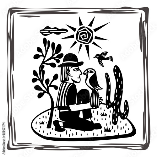 Brazilian northeast cordel style. Man and bird. Woodcut illustration