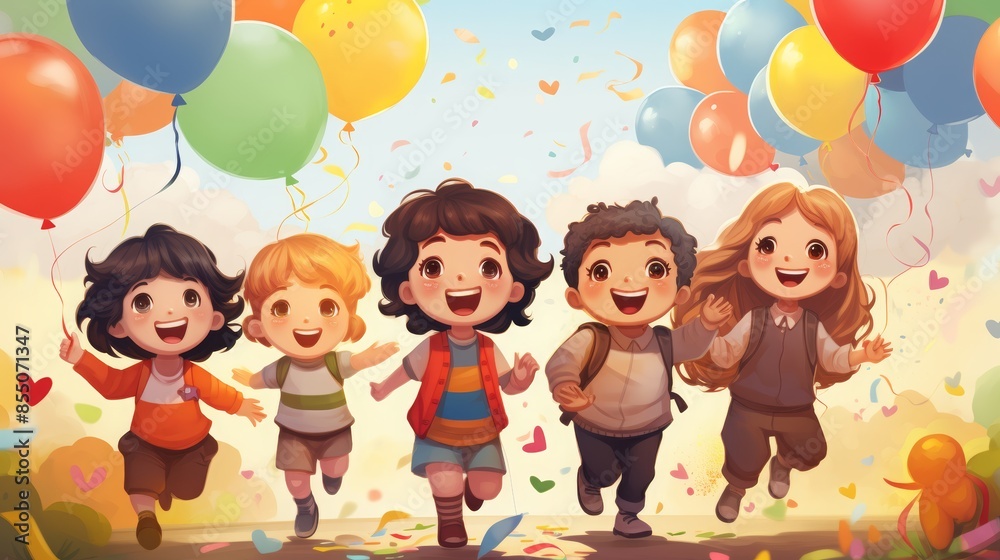 Illustration of joyful children running with colorful balloons outdoors, surrounded by confetti and hearts, capturing a moment of pure happiness and celebration. Illustration of joyful children running with colorful balloons outdoors, surrounded by confetti and hearts, capturing a moment of pure happiness and celebration.