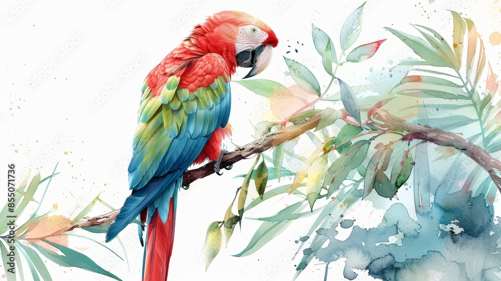 Watercolor illustration of a parrot amid tropical foliage. The bright colors and detailed leaves evoke a tropical paradise. Watercolor illustration of a parrot amid tropical foliage. The bright colors and detailed leaves evoke a tropical paradise.