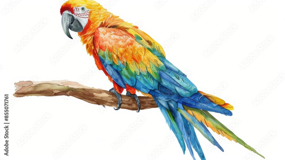 Fototapeta premium Watercolor illustration of a colorful parrot perched on a branch. The vibrant feathers create a stunning display.