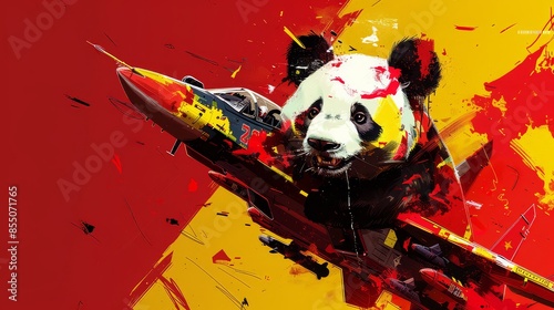 A panda bear wearing sunglasses and a hat rides a jet against a vibrant yellow background. The playful panda raises its arms in exhilaration, while the sleek jet adds a touch of adventure to the scene