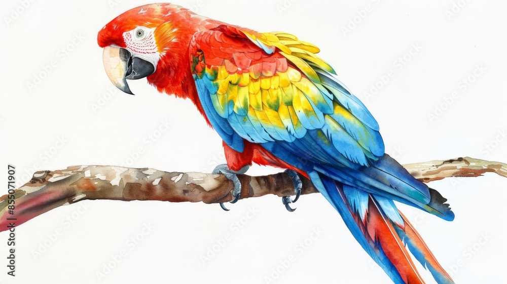 Obraz premium Watercolor illustration of a parrot resting on a branch. The mix of green leaves and bright feathers creates harmony.