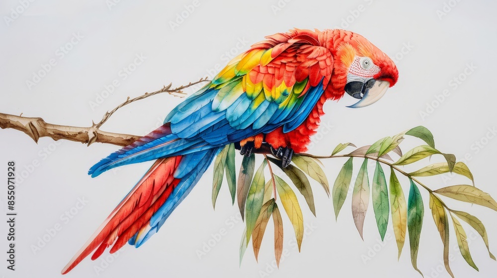 Fototapeta premium Watercolor illustration of a colorful parrot in a tropical environment. The lush leaves and vivid feathers blend beautifully.