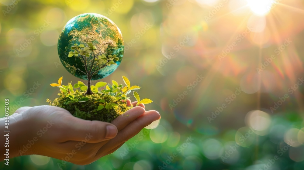 Hands holding a miniature earth with green plants and trees inside, representing environmental protection and sustainability. Close up of a person's hands cradling a glass globe with a lush. Hands holding a miniature earth with green plants and trees inside, representing environmental protection and sustainability. Close up of a person's hands cradling a glass globe with a lush.