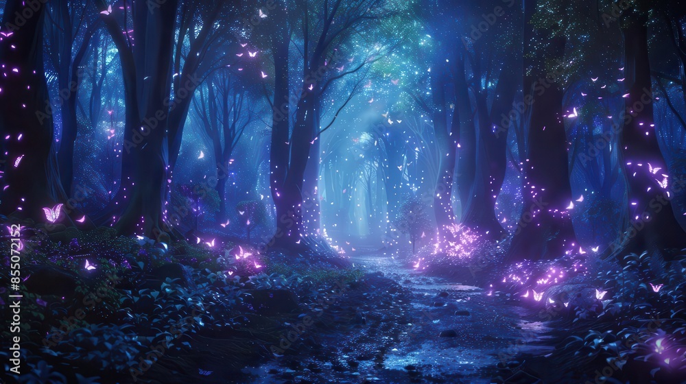 dark fairytale fantasy forest with magical glows enchanting night landscape 3d illustration dark fairytale fantasy forest with magical glows enchanting night landscape 3d illustration