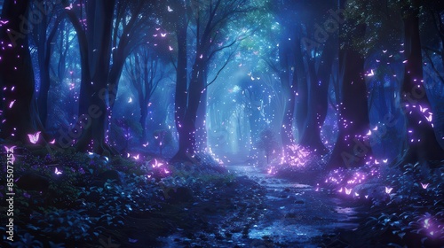 dark fairytale fantasy forest with magical glows enchanting night landscape 3d illustration
