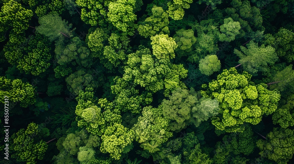 A forest of shady green trees can be seen from above. Lush green foliage. Bright natural background. A forest of shady green trees can be seen from above. Lush green foliage. Bright natural background.