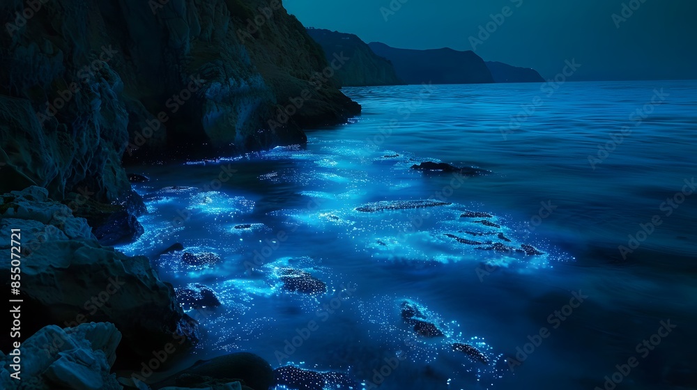 Obraz premium A beautiful blue ocean with glowing blue lights. The lights are scattered throughout the water, creating a mesmerizing and calming atmosphere. Concept of tranquility and wonder