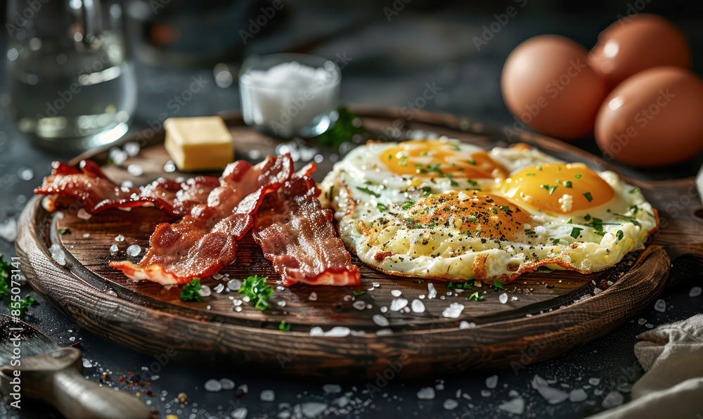 fried eggs and bacon on wooden table with copy space.Generative AI fried eggs and bacon on wooden table with copy space.Generative AI