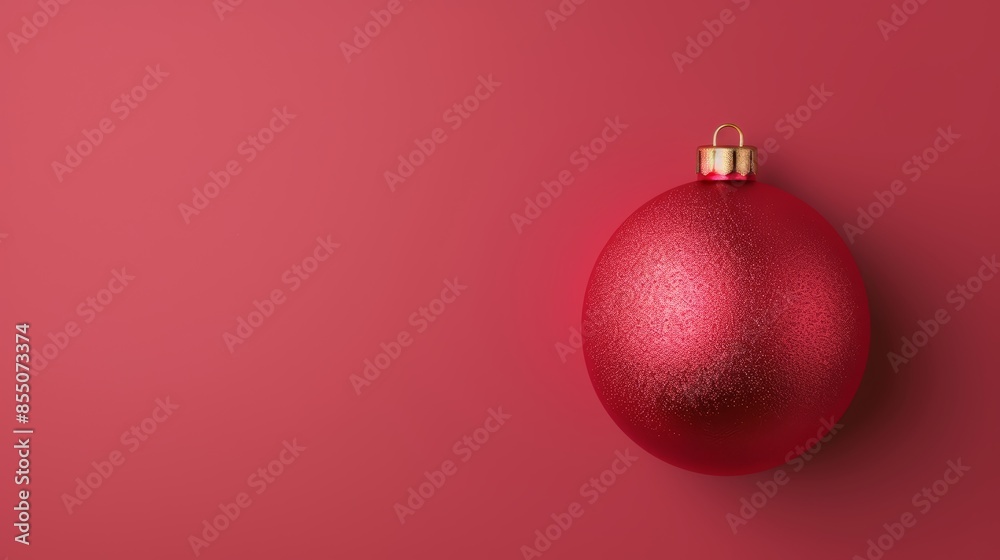 3D hyper-realistic red Christmas decoration on red background, with central copy space, flat lay, sharp focus, elegant and clean design