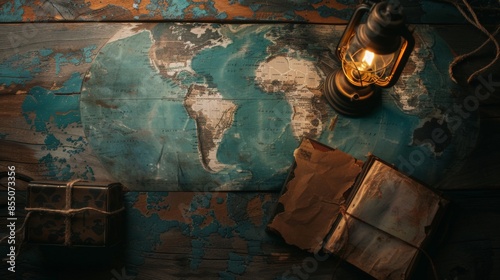 A world map and a journal on a wood texture, making plans for a nautical adventure