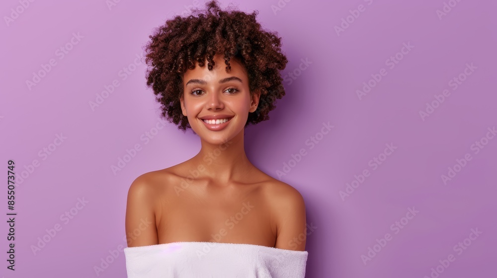 Beautiful lady in a gleaming off-shoulder top, smiling with empty space for text, full length against a striking violet backdrop, modern and chic Beautiful lady in a gleaming off-shoulder top, smiling with empty space for text, full length against a striking violet backdrop, modern and chic