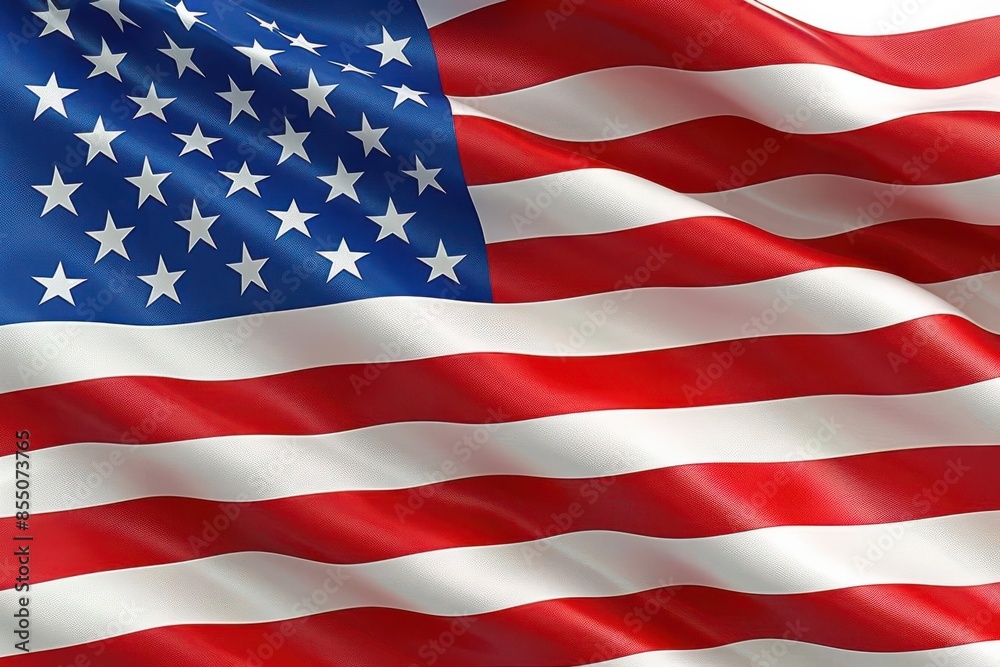 Fototapeta premium Majestic USA flag fluttering in the breeze against a clear blue sky, showcasing patriotism and national pride Ideal for patriotic designs and visuals