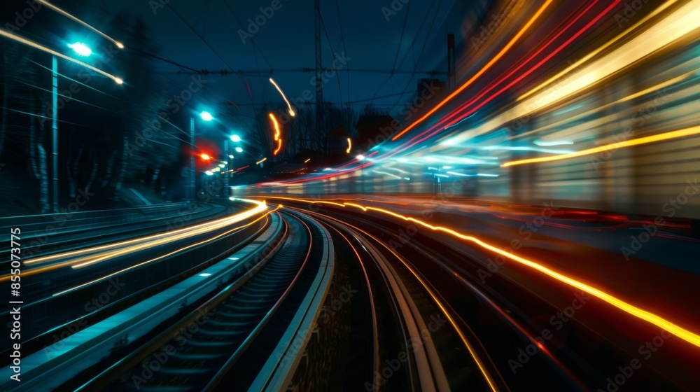 A night scene of a fast-moving train with illuminated trails, in 8k ultra HD A night scene of a fast-moving train with illuminated trails, in 8k ultra HD