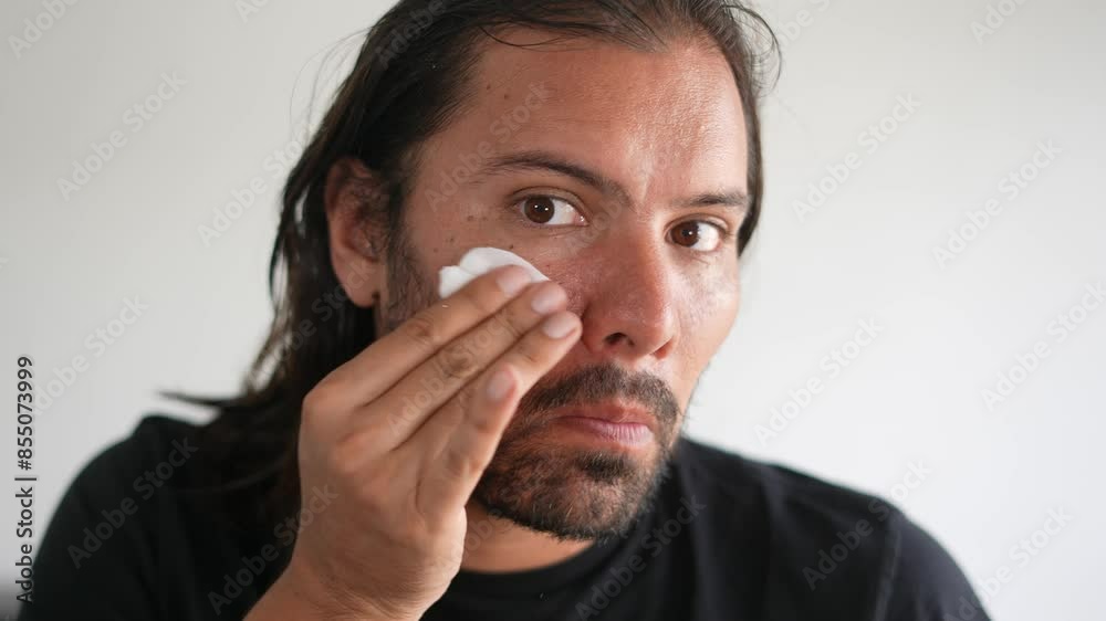 skincare, face cleaning, skin care, Latino man wiping his face with cotton swab skincare, face cleaning, skin care, Latino man wiping his face with cotton swab