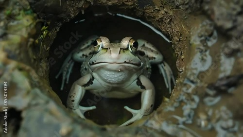 Frog Peeking Out of a Muddy Hole photo