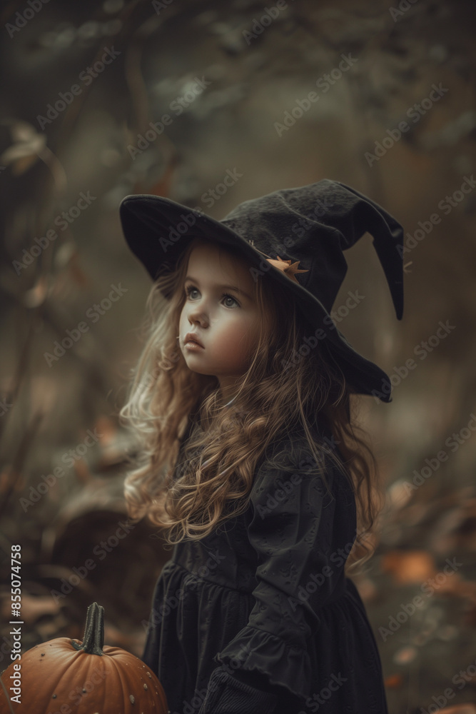 Halloween, Samhain. Little girl in a Halloween black dress and hat. Witch. Autumn october dark forest. Pumpkin and autumn leaves. Mystical gloomy atmosphere. Halloween, Samhain. Little girl in a Halloween black dress and hat. Witch. Autumn october dark forest. Pumpkin and autumn leaves. Mystical gloomy atmosphere.