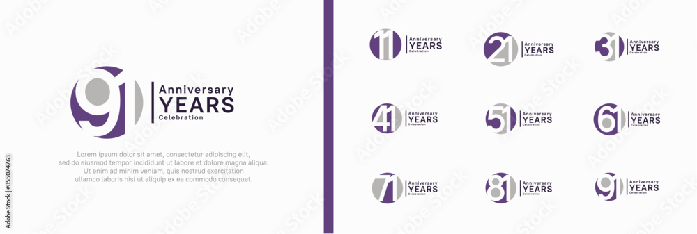 Naklejka premium zestaw logotypów rocznicowych. Wektorowy projekt w kolorze fioletowym i szarym może być używany do świętowania