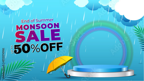 50% off, Monsoon sale, offer, deal and rainy season background. Vector design.