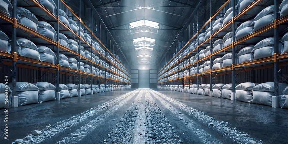 Obraz premium Vast Industrial Warehouse with Organized Rows of Stacked Bags and Skylights