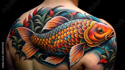 Vibrant Koi Fish Tattoo In Traditional Japanese Style With Red Flowers And Green Plants photo
