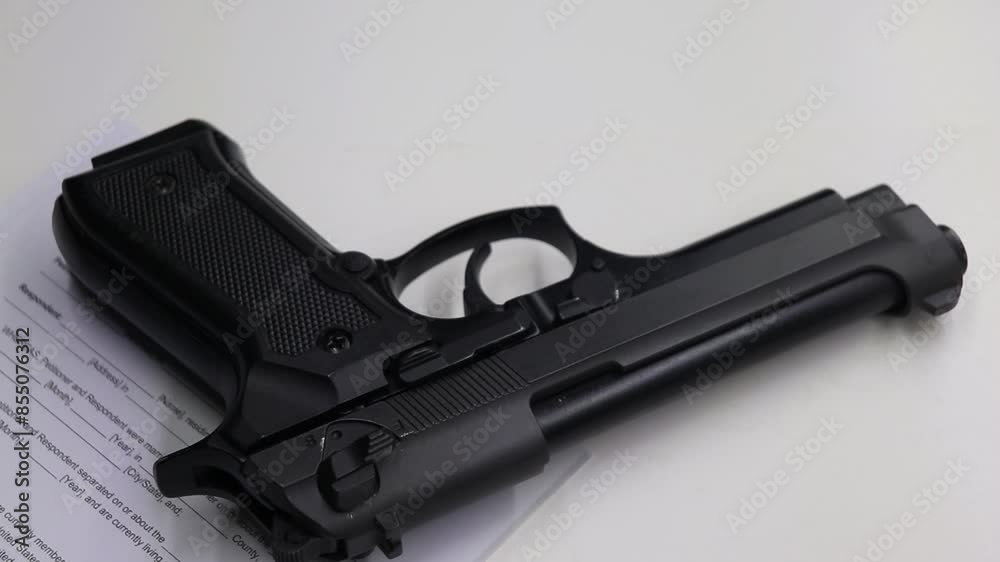 person taking a handful of sleeping tablets then picks up a black firearm with divorce papers left visible on the table person taking a handful of sleeping tablets then picks up a black firearm with divorce papers left visible on the table