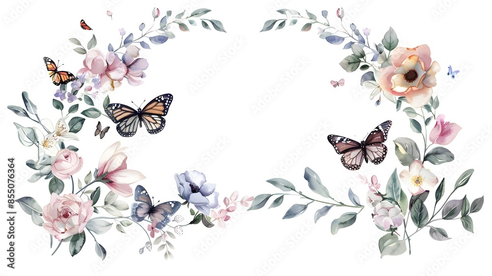 Obraz premium Floral Wreath with Butterflies Romantic Botanical