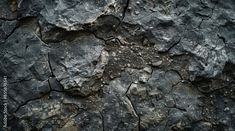 Close-up of cracked, weathered, and rough dark grey rock surface. Close-up of cracked, weathered, and rough dark grey rock surface.