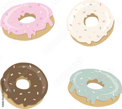 Cute donut set, isolated clipart, four donuts with white icing and colorful sprinkles. pink, chocolate, white, mint