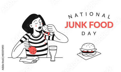 National Junk Food Day banner. A woman eats fast food with pleasure. Vector doodle illustration