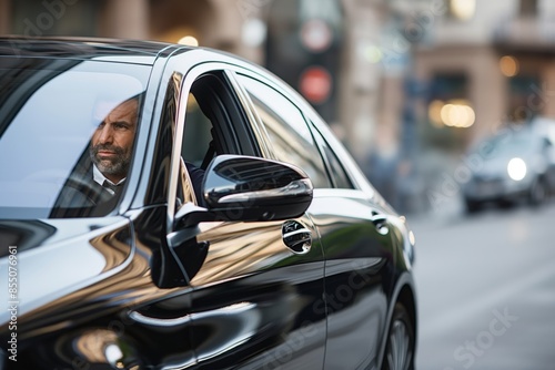 Focused man revs the engine of his sleek luxury sedan on a bustling city street, capturing the essence of urban life